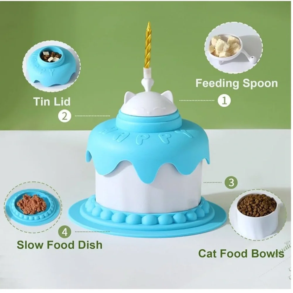 Cat Birthday Cake Bowl, Slow Feeder, Food Bowl, Feeding Spoon, Can Cover, Yellow
